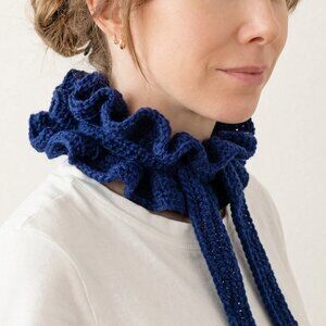 Handmade Premium Merino Wool Ruffle Choker Tie Scarf Navy Blue OS